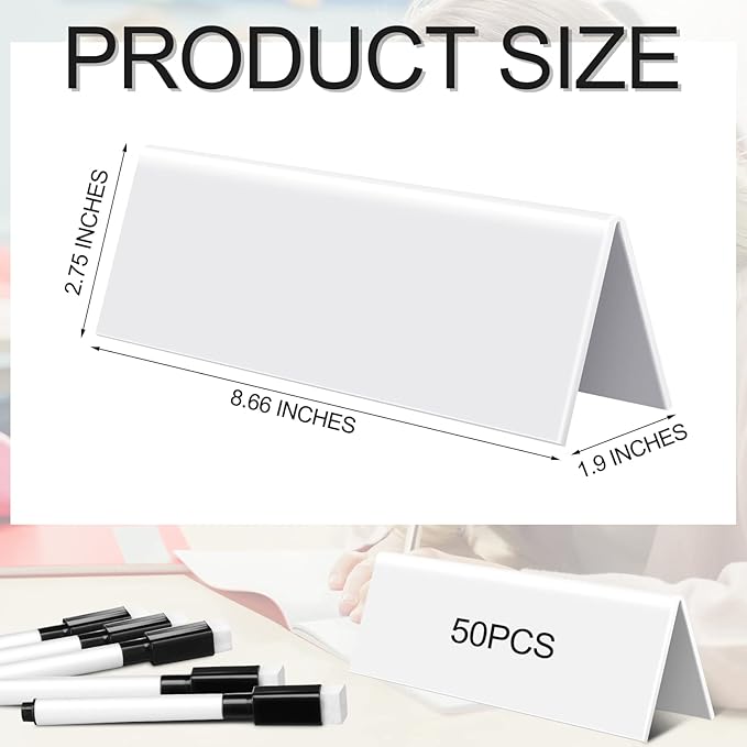 Fainne 50 Sets Dry Erase Name Tent Cards with Black Markers 8.7 x 2.8 x 1.9 Inches White Reusable Name Plate Wipe Clean Desk Tags Sign for Classroom Table Office Conference Meeting Weddings