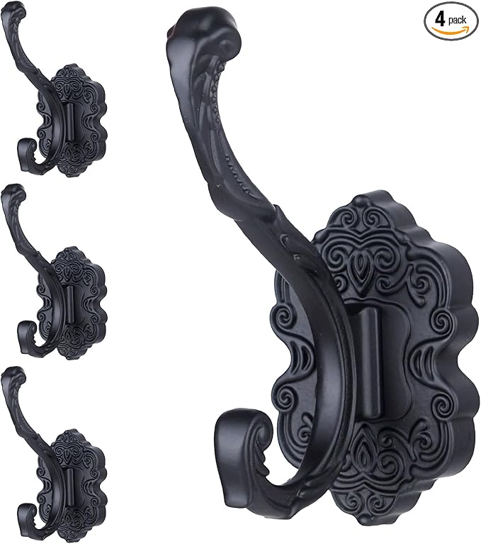 4 Pcs Black Coat Hooks Wall Mount, Matte Metal Hat Hooks for Entryway, Cubicle, Mudroom, Bathroom, Heavy Duty Vintage Decorative Wall Hooks for Towel, Key, Robe, Backpack, Purse, Bag, Clothes, Jacket
