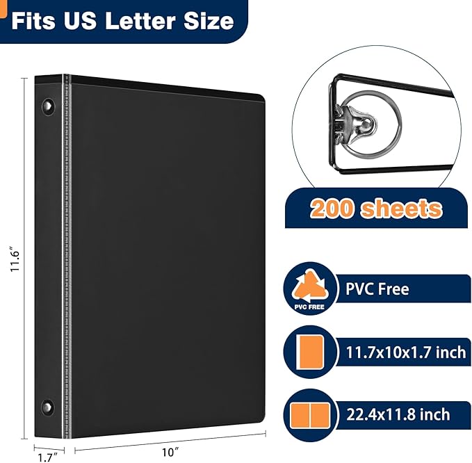Basic 1-inch 3 Ring Binder -1'' Binders with 3 Roung Ring, Large 100/200 Sheet Capacity, Fit 8.5" x 11" US Letter Size Paper (1'' -Black 12 Packs)