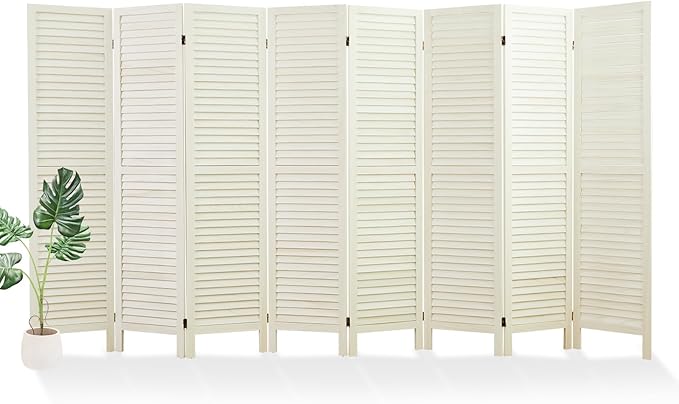 White Room Divider, Temporary Wall with Double Hinges, 5.6 Ft Tall Folding Louver Wood Screen for Home Office Bedroom Hotel Decoration (8 Panels)