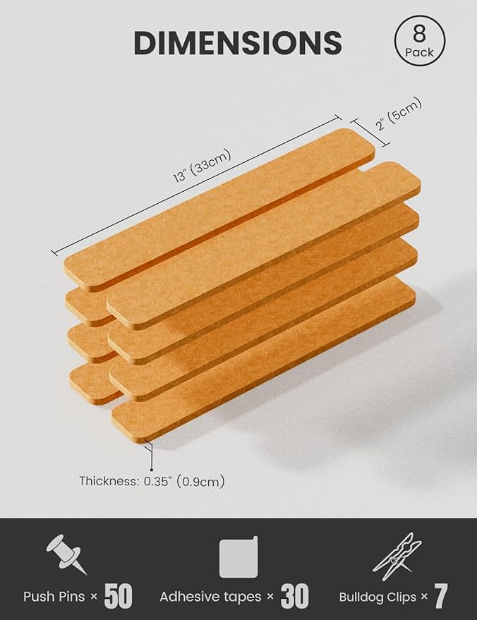 Fluxynara Cork Board Alternative Felt Strip Board 8-Pack 13"x2", Office Pin Board with 50 Push Pins, Adhesive Install for Bedroom Door & Home Office(Sunset Yellow)