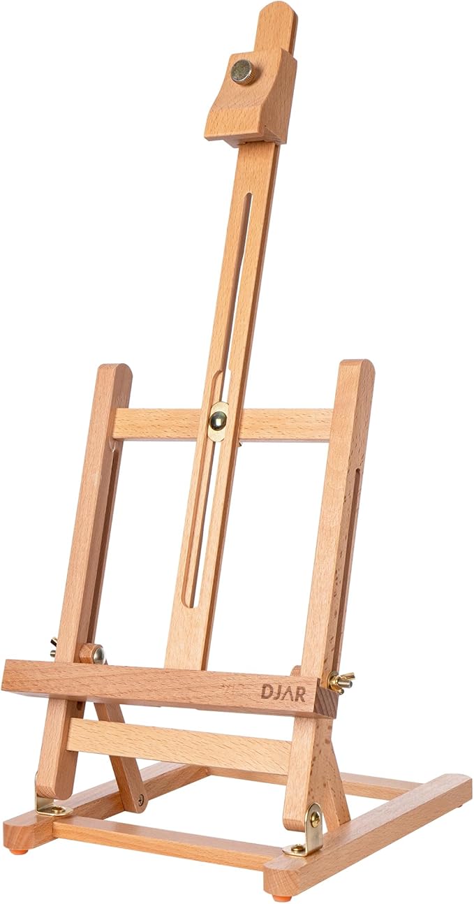DJAR 25" Tabletop Easel for Painting, Adjustable Beech Wood Table Top Wooden Painting Easel, Portable Painting Display Drawing Stand for Teens, Adults, Students, Natural