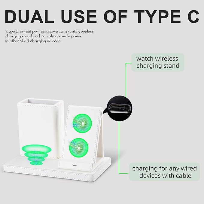 LADSTAG White Leather Pen Holder Desk Organizer with 3-in-1 Wireless Charger for Phone, Earbuds, Watch - Desktop Phone Stand,birthday gifts for women,mom gifts (white)