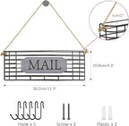 SRIWATANA Mail Key Holder for Wall, Rustic Mail Organizer Wall Mount with 5 Key Hooks, Large, Weathered Grey