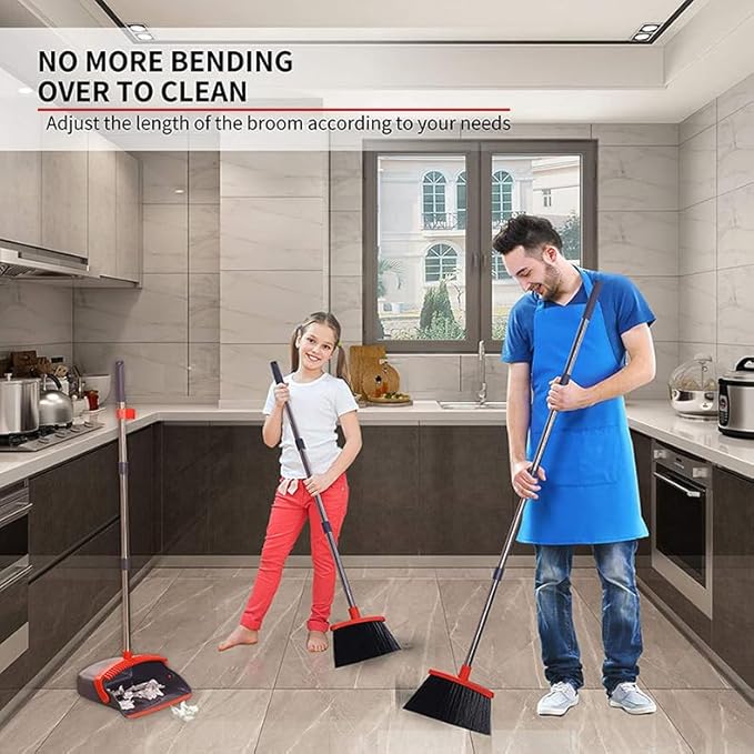 Brooms with Dustpan Combo Set， with 52" Long Handle, Dustpan Teeth with self-Cleaning Function, Indoor and Outdoor Sweeping, Perfect for Home Office (Large/Red /2-Pack)