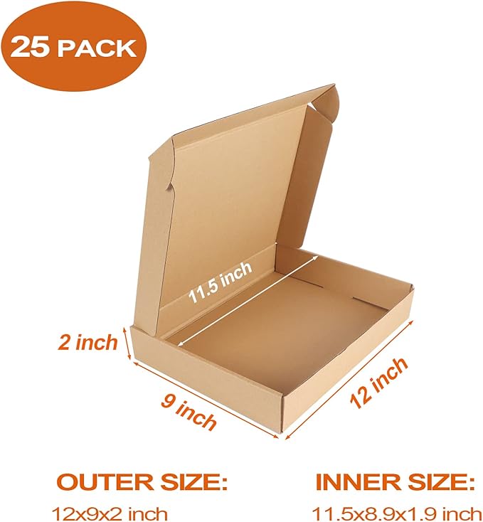PHAREGE 12x9x2 inch Shipping Boxes Bulk 25 Pack Brown, Tab Lock Tuck Top Mailer Boxes for Packaging Small Business, Medium Cardboard Gift Boxes for Wrapping Mailing Present