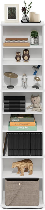 Furinno Jaya DVD Shelf, 8-Tier Tall Narrow CD Rack, Media Shelf with Adjustable Shelves, DVD Storage Cabinets for CD Blueray Game Disc, Easy Assembly, for Living Room, Home Office, White