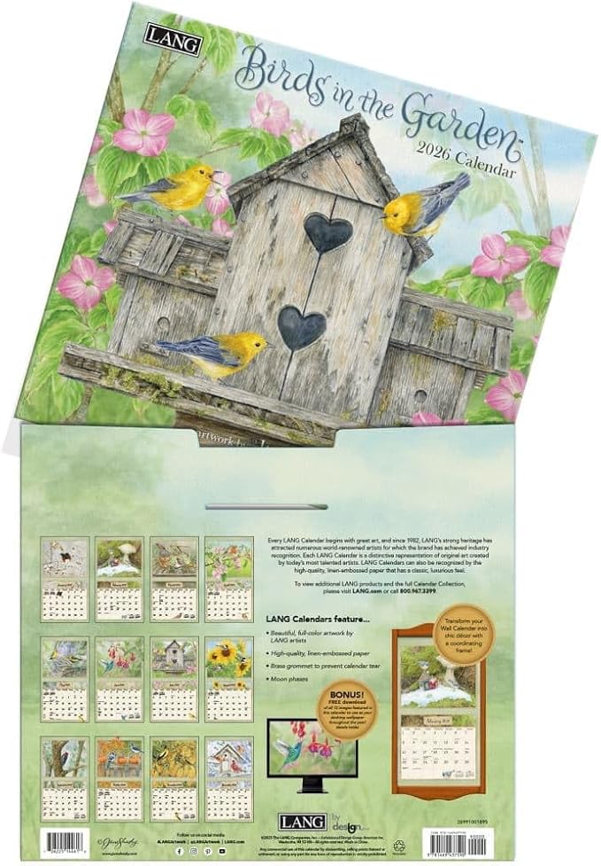 Lang Birds in the Garden 2026 Wall Calendar – 12-Month Calendar with Stapled Binding, Linen-Embossed Backyard Bird & Garden Artwork by Jane Shasky, 13.4" × 12"