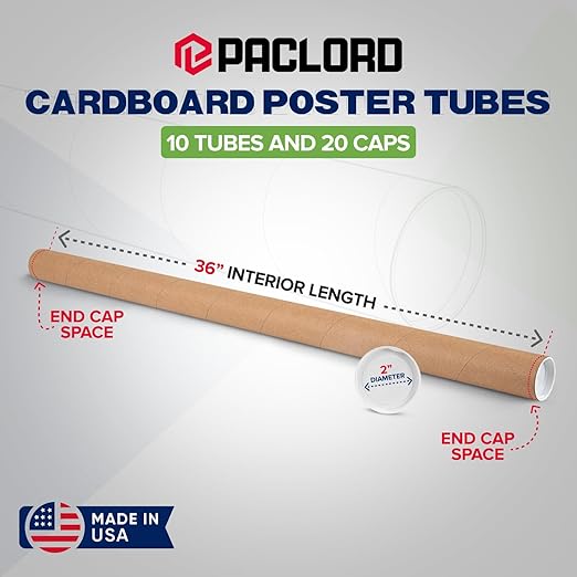 2" x 36" Reinforced Kraft Paper Mailing Tubes, Pack of 10 Tubes with 2 Caps Each – USPS Approved Poster Tube – Made in USA Cardboard Tube for Shipping and Storing Posters, Prints, Artwork, Documents