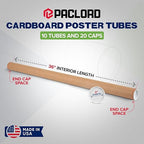 2" x 36" Reinforced Kraft Paper Mailing Tubes, Pack of 10 Tubes with 2 Caps Each – USPS Approved Poster Tube – Made in USA Cardboard Tube for Shipping and Storing Posters, Prints, Artwork, Documents