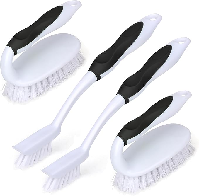 HileSwan Scrub Brush Set, 4 Pack Deep Cleaning Brush Kit - 2 Scrub Brush, 2 Tile & Grout Brush with Built-in Scraper, Household Commercial Scrubber for Floor, Shower, Pool Wall, Tub (Black)