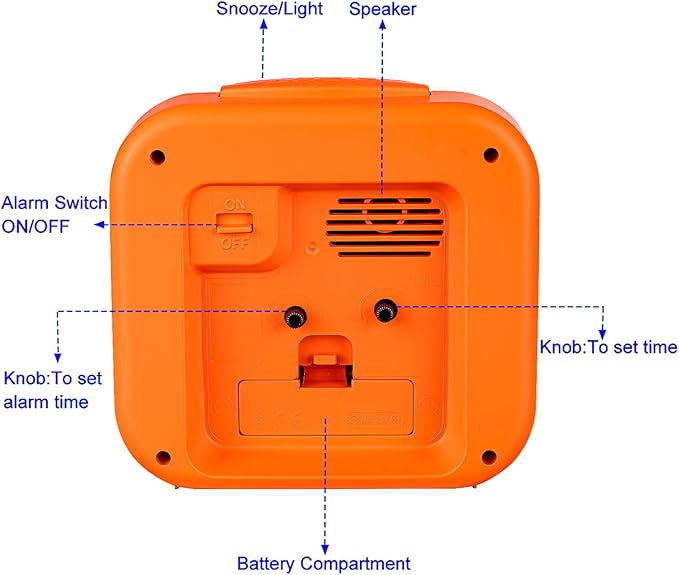 Tinload 5.5" Large Analog Alarm Clock • Silent Non Ticking • Gentle Wake • Beep Sounds • Increasing Volume • Battery Operated Snooze and Manual Light • Retro Orange