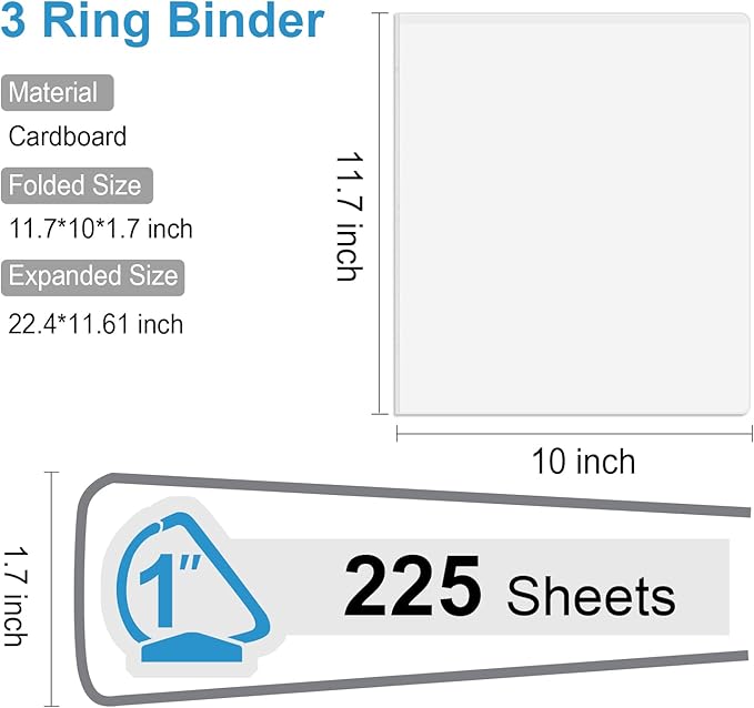 Comix Sturdy 3-Ring-Binder 1-inch D Ring Binders, 2.4mm-Thick, Hold 225 Sheets of 8.5" x 11" Paper, 8 Pack (White)