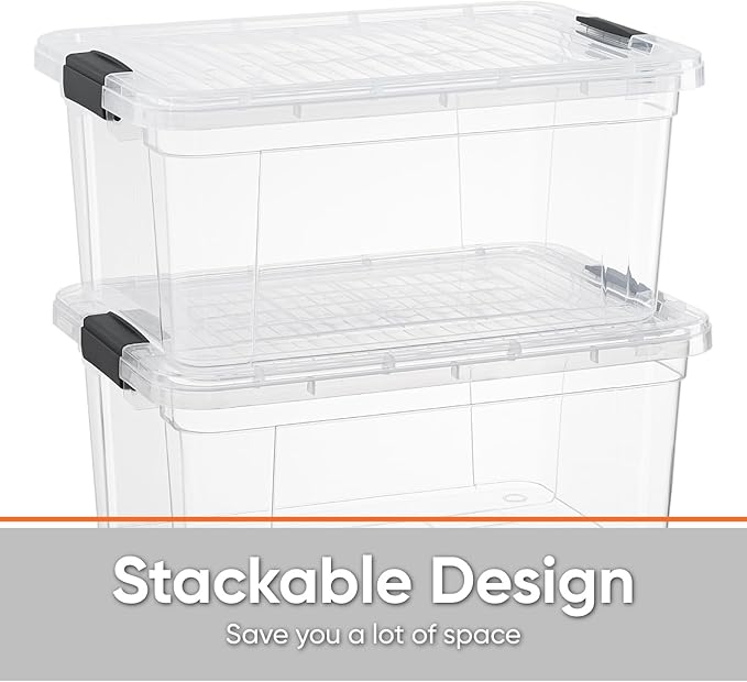 Superio Clear Storage Boxes with Lids, 21 Quart Plastic Container Bins for Organizing, Stackable Crates, BPA Free, Non Toxic, Odor Free, Organizers for Home, Office and Dorm, 4 Pack