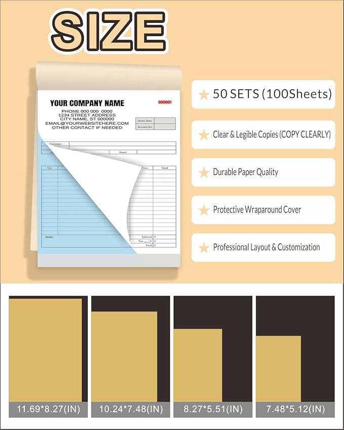 Custom Carbonless Invoice Book with Logo, Personalized Cover & Inner Pages, 2 Part NCR Receipt & Work Order Forms, Easy Tear, Writing Shield for Small Business (2-Part [White/Blue], 10.24 * 7.48INCH)