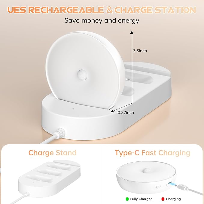 LED Closet Lights Motion Sensor Puck Light with Charge Station, Rechargeable Step Puck Lights,Dimmable Under Cabinet Indoor Lighting Magnet Stick-on Light for Counter Kitchen Wardrobe(6 Pack)