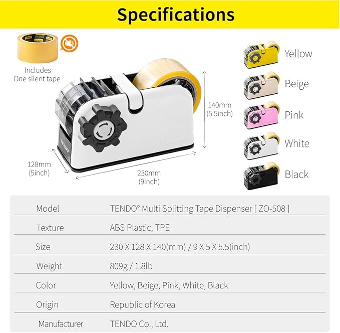 [TENDO°] Multi-Section Tape Dispenser ZO-508: Innovative Cutter for Custom Tape Width (White)