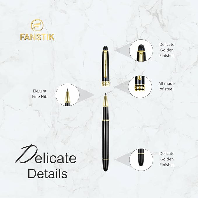 FANSTIK Customized RollerBall pen with name (MADE IN USA), stainless steel, black and gold, luxury engraved pen personalized for men and for women. (RollerBall Black-Gold)