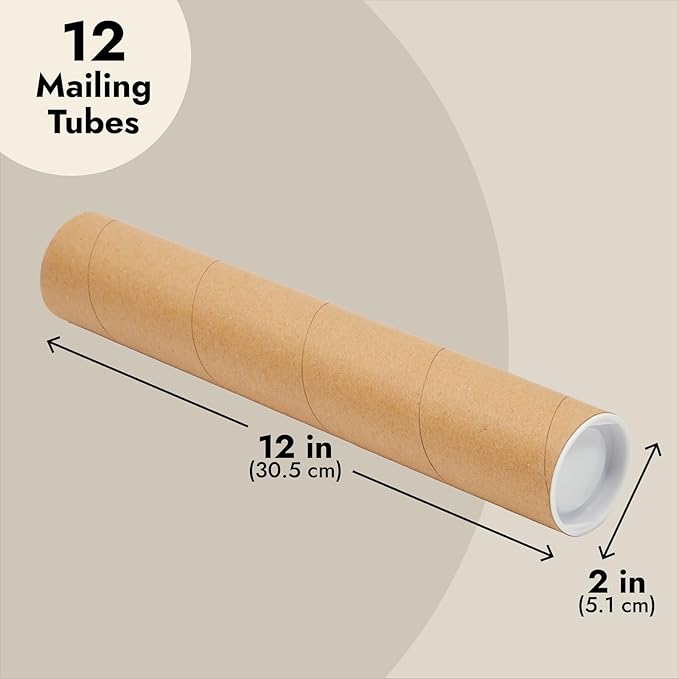 Stockroom Plus Mailing Tubes - Poster Storage Capacity - Blueprint Tube Protection - Spiral Construction & Thick Cardboard Strength - 2 in x 12 in, Pack of 12, Brown Kraft