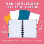 Happy Planner Undated Plans + Notes Monthly Planner Notebook Journal, 4-Month Planner, Good Going Theme, Classic Size, 95 Pages, 4 Dividers, 12 Planner Sticker Sheets, 7" x 9 3/4"