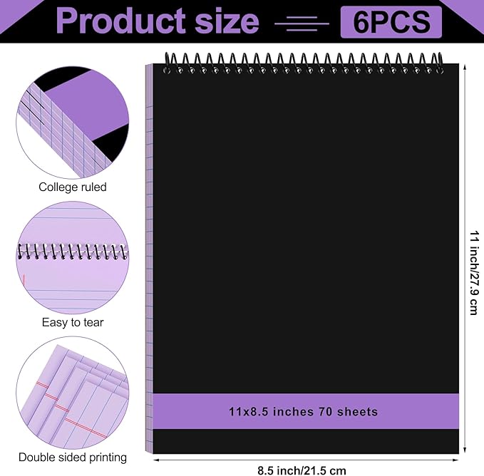 Resurhang 6 Pcs Legal Pad Top Spiral Bound Notebook 70 Sheets Double Sided College Ruled Paper Notepad Memo Steno Pad with Stiff Cover for Business College(8.5 x 11 Inches,No Holes,Purple)