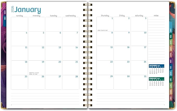 HARDCOVER 2026 Planner, 7"x9": 14 Months (November 2025 - December 2026), Daily Weekly Monthly Planner, Yearly Agenda, Bookmark, Pocket Folder and Sticky Note Set (Pastel Peacock)