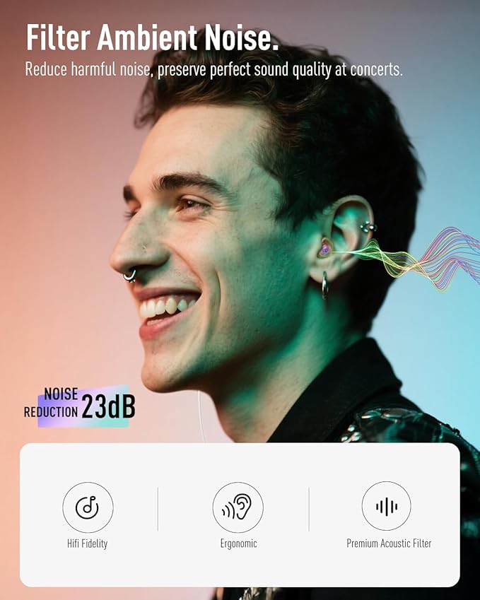 Hearprotek Concert Ear Plugs, 2 Pairs Reusable High Fidelity Musician Ear Plugs, Purple, Silicone, Earplugs, Earplug, Noise Protection