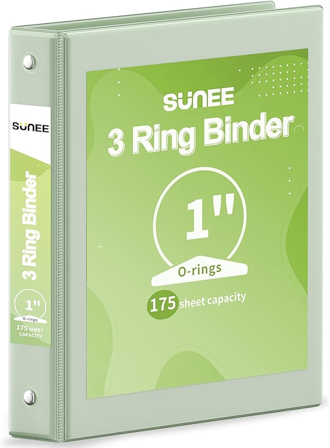 SUNEE 3 Ring Binder 1 Inch 1 Pack, Clear View Binder Three Ring PVC-Free (Fit 8.5x11 Inches) for School or Office Supplies, Sage Green