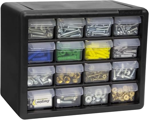 Akro-Mils 16-Drawer Plastic Storage Cabinet | 10-1/2 x 6-1/2 x 8-1/2 Inch | Black | Model 10116 | Garage Organization