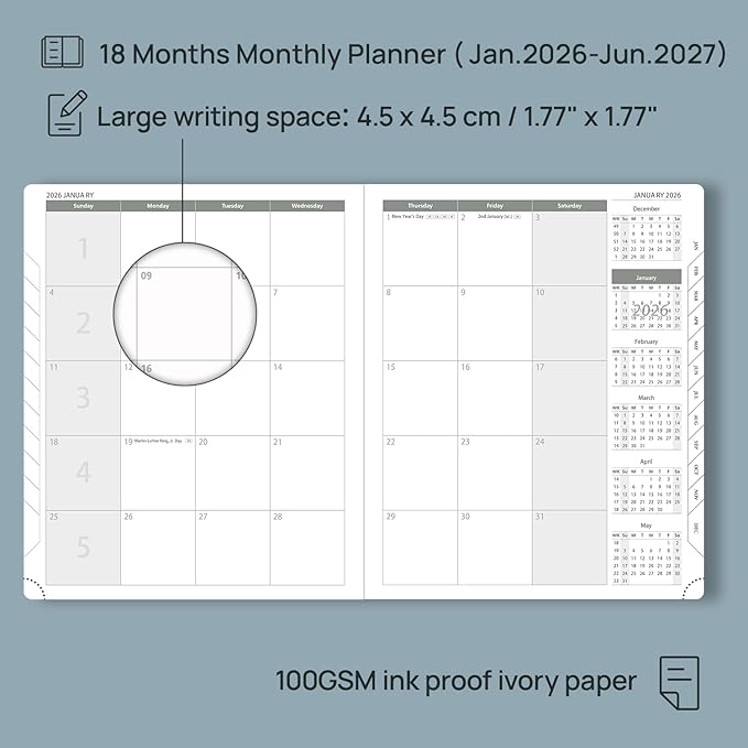 POPRUN Monthly Planner 2026-2027 (Large- 8.5" x 10.5" Soft Cover), 18-Month Calendar Book (Jan.2026 - Jun. 2027), Calendar Planner with Monthly Tabs & Pocket, 100 GSM Paper - Black