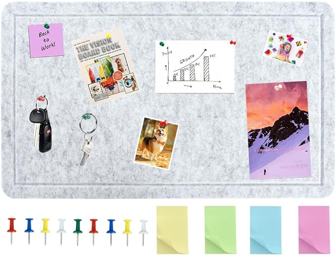 Vuzvuv Grey 28"x16" Large Cork Board with 50 Push Pins & Sticky Notes, Self-Adhesive Bulletin Board for Wall, Felt Pin Vision Board for Paste Notes,Schedules Offices Home