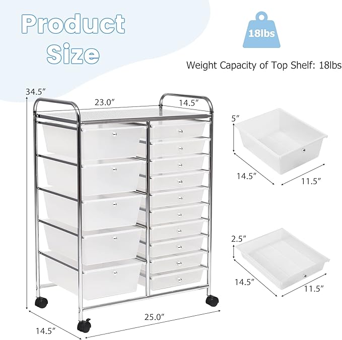 COSTWAY 15 Drawer Rolling Storage Cart, Multipurpose Mobile Storage Organizer w/Removable Drawers & Metal Frame, Utility Tools Paper Organizer on Wheels for Home, Office (Transparent)