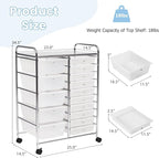 COSTWAY 15 Drawer Rolling Storage Cart, Multipurpose Mobile Storage Organizer w/Removable Drawers & Metal Frame, Utility Tools Paper Organizer on Wheels for Home, Office (Transparent)
