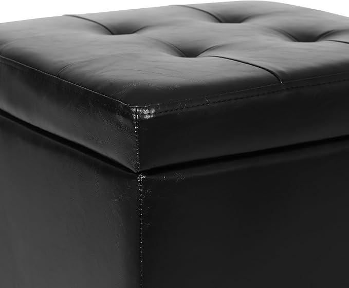 Adeco Modern Leather Ottoman with Wheels, 18.8" Black Square Rolling Ottoman with Storage, Upholstered Button Tufted Vanity Stool with Hinged Lid for Living Room, Bedroom, Dorm