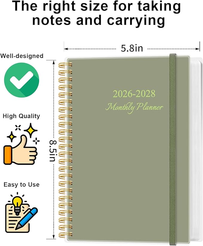 2026-2028 Monthly Planner, Three Years Calendar from January 2026 - December 2028 with Spiral Binding, Inner Pocket, Elastic Closure, 38 Month Planner for Home | School | Office, 5.8" x 8.5", Green