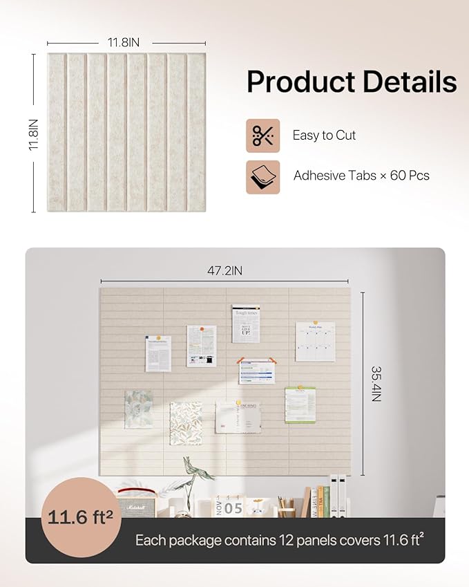 Soundsbay Large Cork Board, 47"x35" Slat Bulletin Board Alternative, 12-Pack Cork Boards for Walls, 60 Adhesive Tabs, Felt Wall Tiles for Home Office Classroom Pin Board