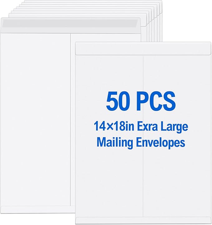 Motipuns 50 Pcs 14'' x 18'' Extra Large Mailing Envelopes 32lb with Gummed Flaps, Catalog Jumbo Craft Envelopes for Mailing, Storage and Organizing Documents Office Supplies(White)