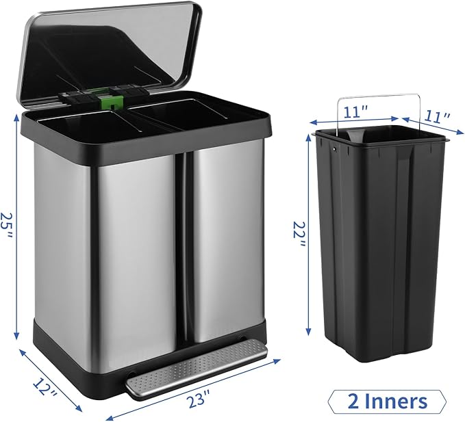 ComfyCorner 16 Gallon Dual Compartment Trash Can, Hands-Free Recycling Rectangular Garbage Bin, Stainless Steel Step-On Dustbin with Soft-Close Lid, Removable Inner Buckets, for Kitchen Home