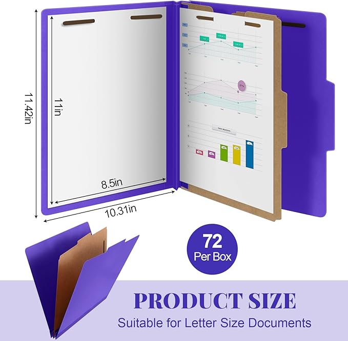 Skyygemm 72 Pcs Classification Folders Letter Size, 1 Divider Pressboard File Folder with Fasteners, Expanding File Organizer Bulk for School Teachers, Office Employee, Coworker, Staff (Purple)
