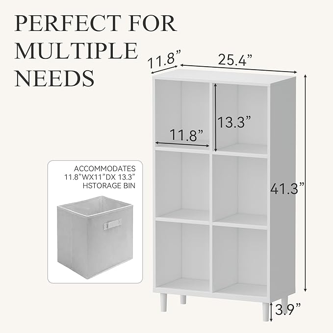 Chyanmoo Wood Cube Storage Organizer White Bookshelf - 3-Tier Freestanding Storage Cabinet with Legs for Home Office, 6-Cubes Open Shelf
