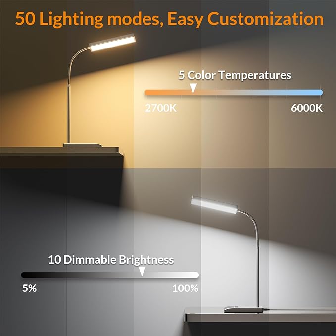 LEPOWER Desk Lamp, 800LM LED for Home Office, 12W Reading for Desk, Eye-Caring Light, Touch Table Gooseneck Lamp, 50 Lighting Modes, Bright for Bedroom, Study (Grey)