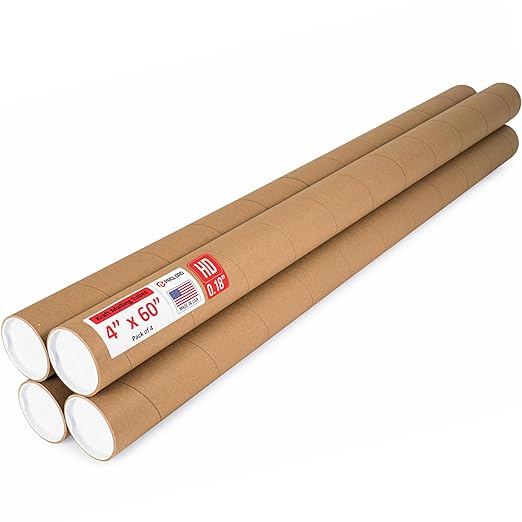 Paclord 4" x 60" Heavy-Duty Reinforced Cardboard Mailing Tube, Pack of 4 Tubes with 8 Caps – Secure USPS Approved – Great for Shipping and Storing of Prints, Artwork, Posters or Documents
