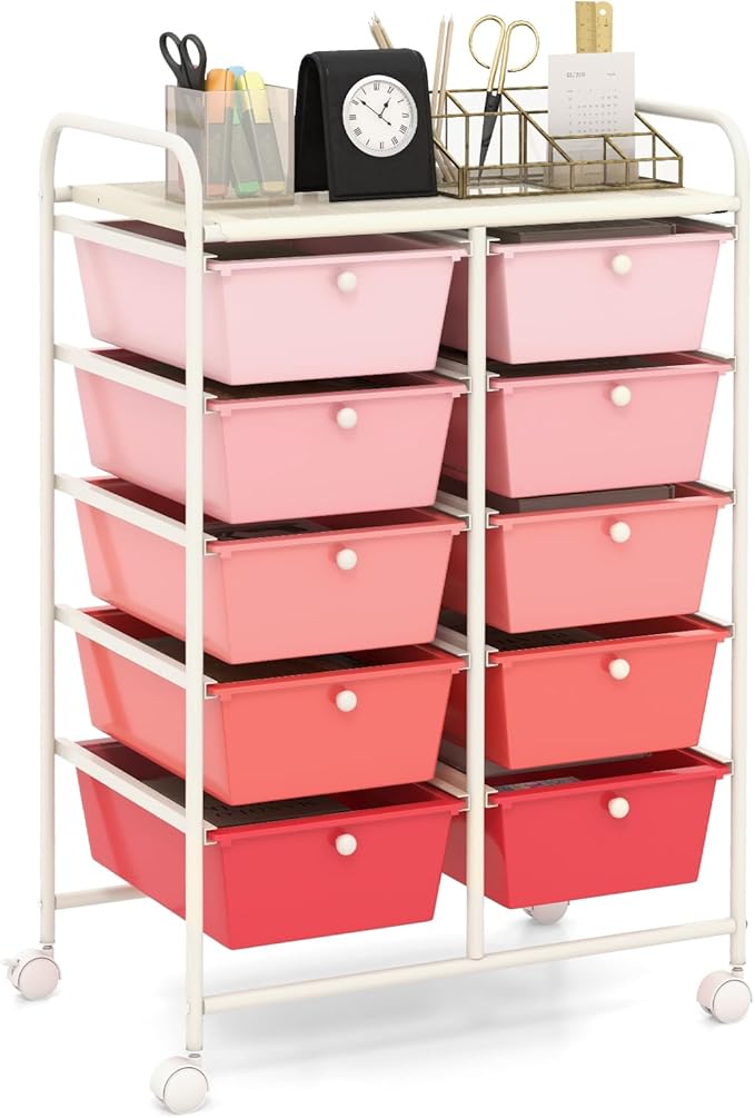HAPPYGRILL 10-Drawer Rolling Storage Cart, Storage Organizer Cart with Lockable Wheels, Beauty Salon Movable Utility Cart for School, Office, Home, (Pink)