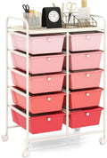 HAPPYGRILL 10-Drawer Rolling Storage Cart, Storage Organizer Cart with Lockable Wheels, Beauty Salon Movable Utility Cart for School, Office, Home, (Pink)