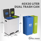 70 Liter / 18.5 Gallon Rectangular Hands-Free Dual Compartment Recycling Kitchen Step Trash Can with Soft-Close Single Lid, Stainless Steel (40L x 30L Capacity), White