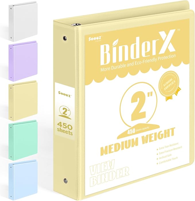 BinderX Extra Durable 3 Ring Binder, Round Ring 2 Inch Binders, Fits 450 Sheets of 8.5x11 Paper, Customizable View Cover with Inside Pockets, Cute 2" Binder, School Supplies for Girls, Yellow