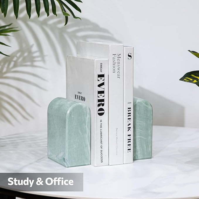 Faticdorr Luxury Marble Bookends for Shelves, 13LB Heavy Duty Marble Book Ends for Heavy Books, Stone Bookends Decorative, Polished, Light Green Arch, Set of 2