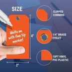 Tags 4 Less 15 Mil Waterproof Plastic Tags, Pack of 100 – 2” x 4” Heavy Duty Plastic Tags for Labeling, Outdoor Tagging, Equipment Labeling, Luggage, Valves & More (Orange)