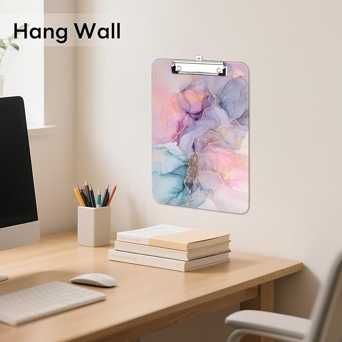 Luminzo Plastic Cute Clipboard Low-Profile Metal Clip, A4 Letter Size 9 x 12.5 in, 8.5 x 11 Paper Clip Board for Teachers, Nurses, Classroom,Pink Dream Marble