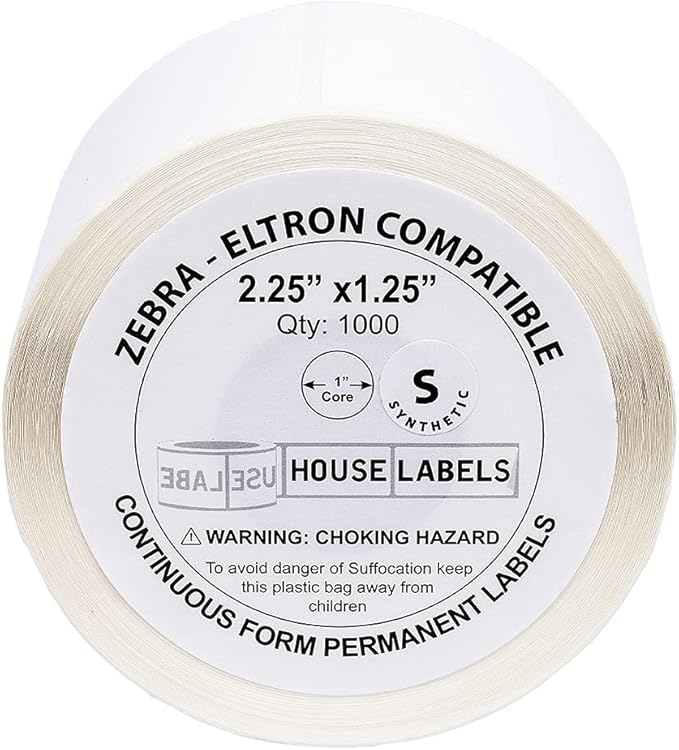 HOUSELABELS 2.25" x 1.25" Address Labels on 1" Core in Polypropylene Compatible with Zebra and Rollo Printers, 20 Rolls / 1,000 Labels per Roll